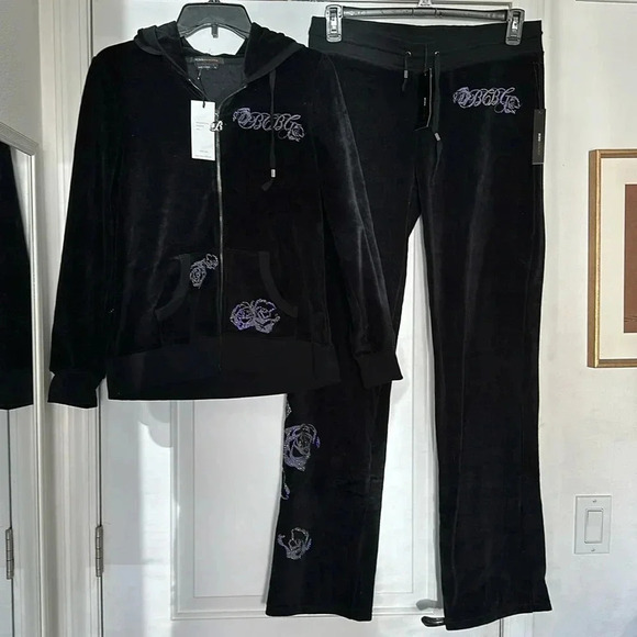 BCBGMaxAzria Pants - NWT BCBGMaxAzria Velvet Rhinestones Iridescent Roses Hoodie Track Suit 2-Piece